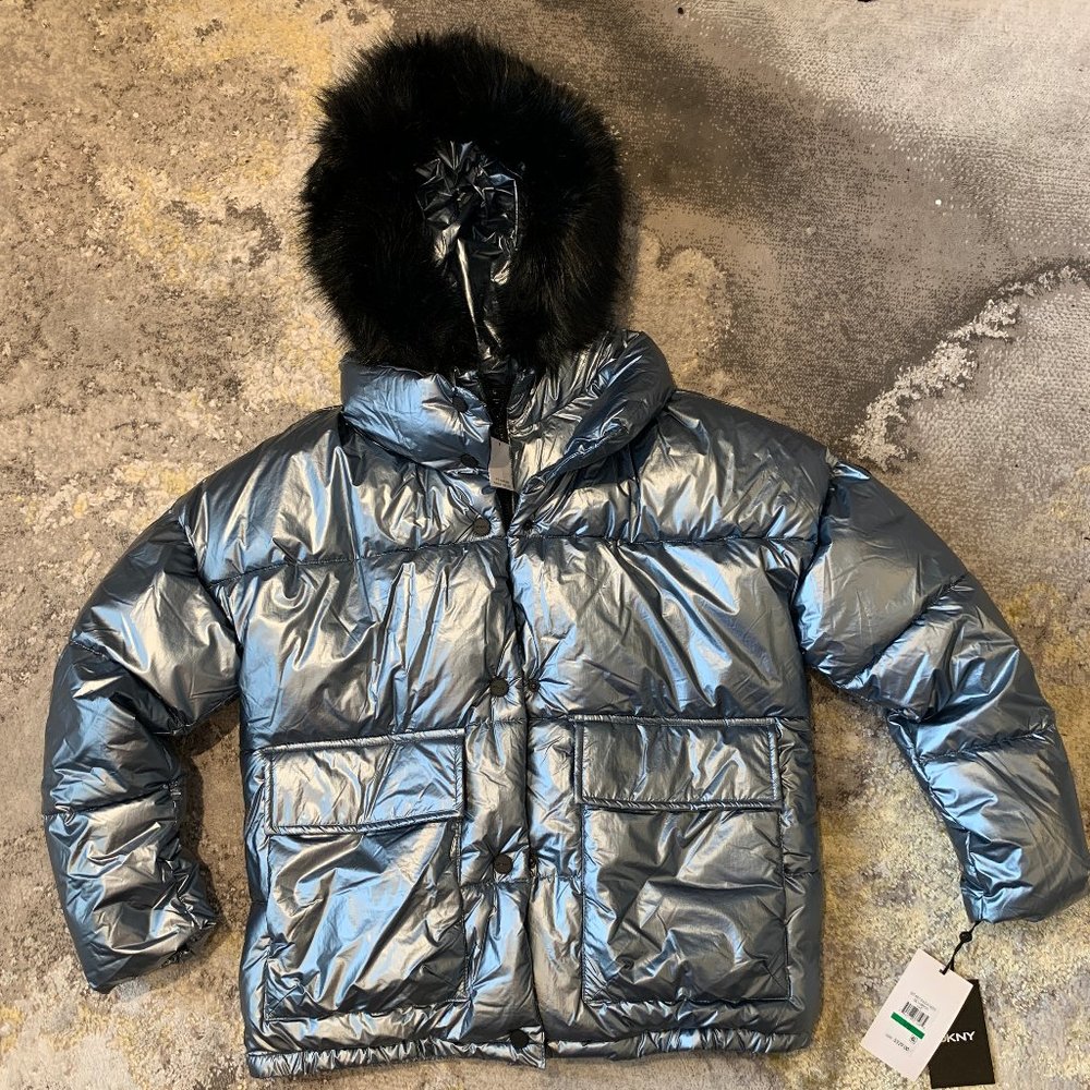 DKNY - Puffer Coat - Silver/Blue - Size Large